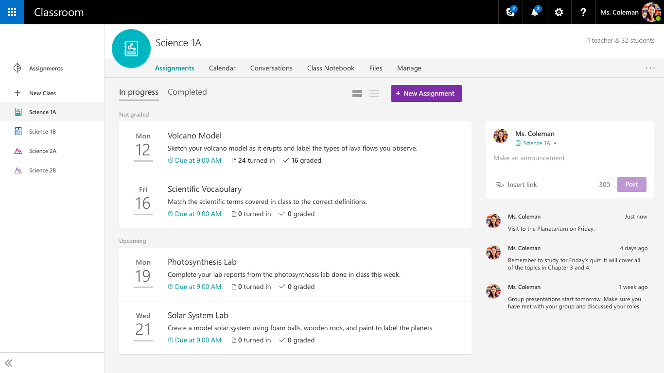 Microsoft Classroom Assignments Page (2016)